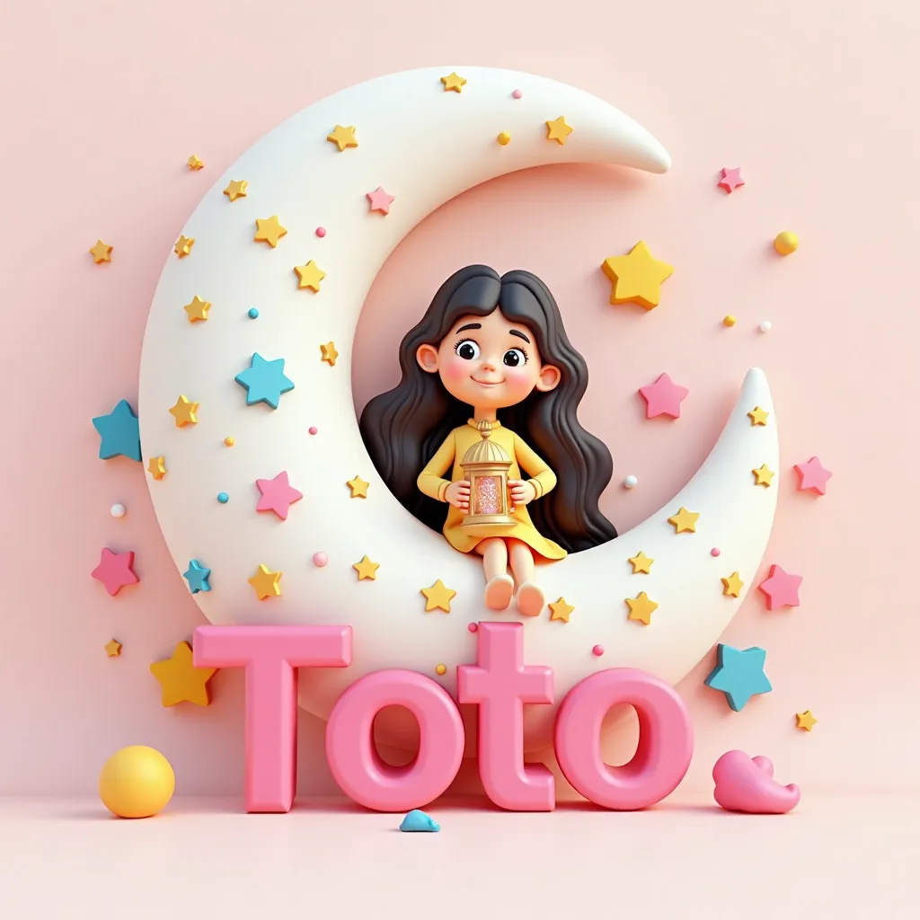 A 3D cartoon of a large white crescent . The crescent is decorated with gold, blue and pink colored stars . Inside the crescent is a beautiful girl with long curly hair holding a Ramadan lantern . In front of the crescent is the name  "Toto" A large three-...