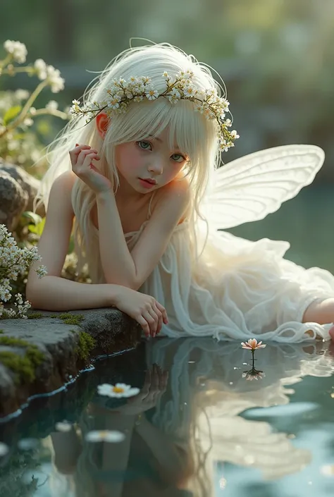 A highly detailed photorealistic macro of a delicate frail glowing white young fairy reclining leaning on one elbow . She is very pale and thin with long strongly pale blonde hair. She's wearing a short white chiffon fairy style dress with clusters of baby...