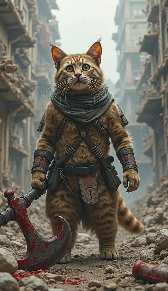 "A battle-worn cat with scarred fur stands resolutely in the middle of a destroyed city square, clutching a massive, bloodied axe. The buildings around it are crumbling, and the air is thick with the acrid scent of smoke and destruction. The cat’s expressi...