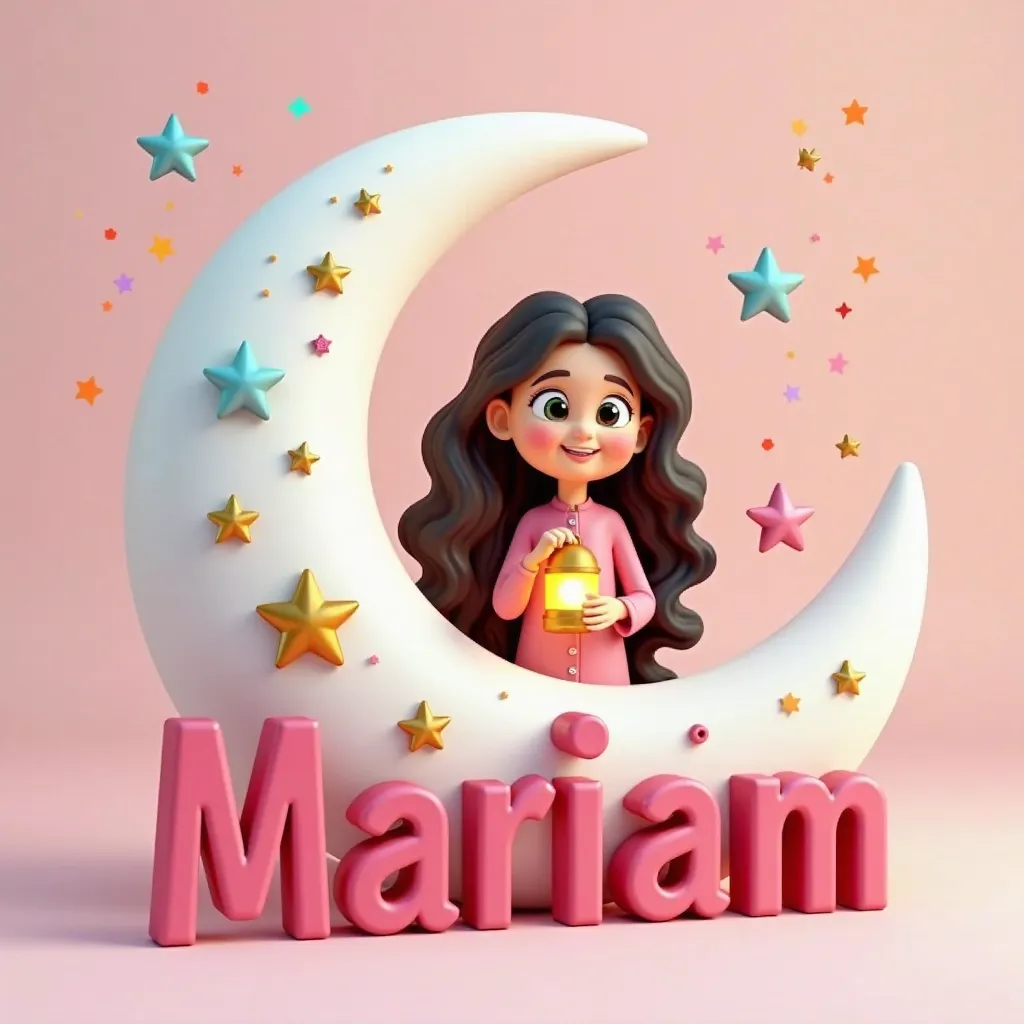 A 3D cartoon of a large white crescent . The crescent is decorated with gold, blue and pink colored stars . Inside the crescent is a beautiful girl with long curly hair holding a Ramadan lantern . In front of the crescent is the name  "Mariam" A large thre...