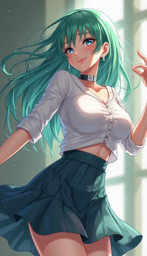 1 , dancing,  green hair, High Coke, big boobs,  Crystal Earrings,  blue eyes, makeup, seductive smile, simple bottom, anime style, school uniform, midi skirt,  White blouse