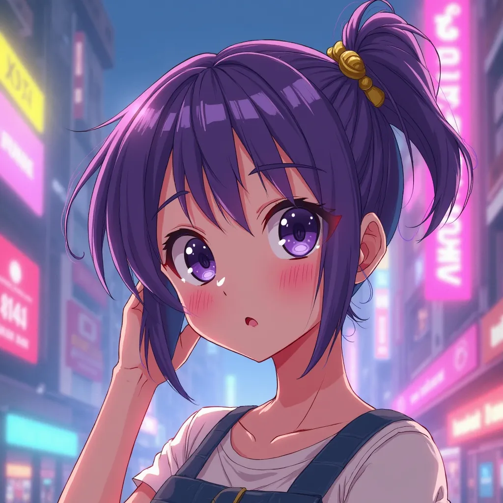 Make a girl with purple hair with short hair with a short ponytail on the side,  purple eyes. With 80s anime style