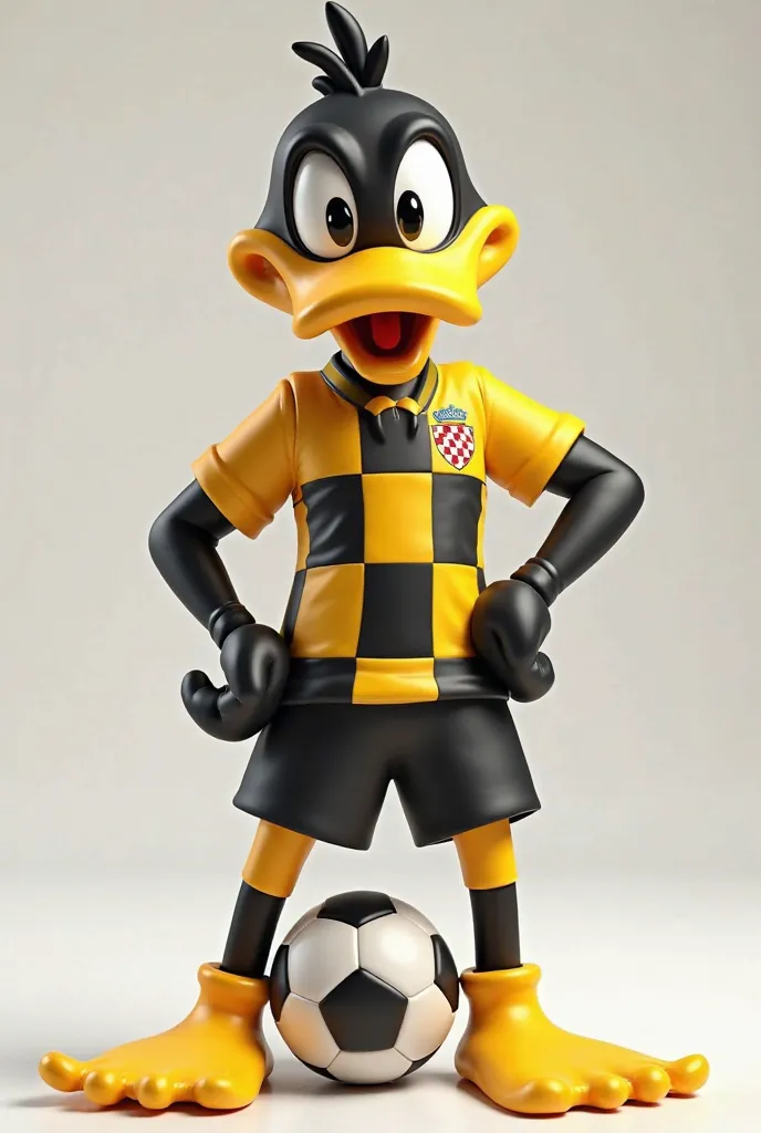 A mascot in 3d , From the character of the Daffy Duck from Looney Tunes, With uniform yellow and black jersey with squares style the CROATIA national team, black shorts black socks , Yellow boot with foot on top of a soccer ball on the foot 