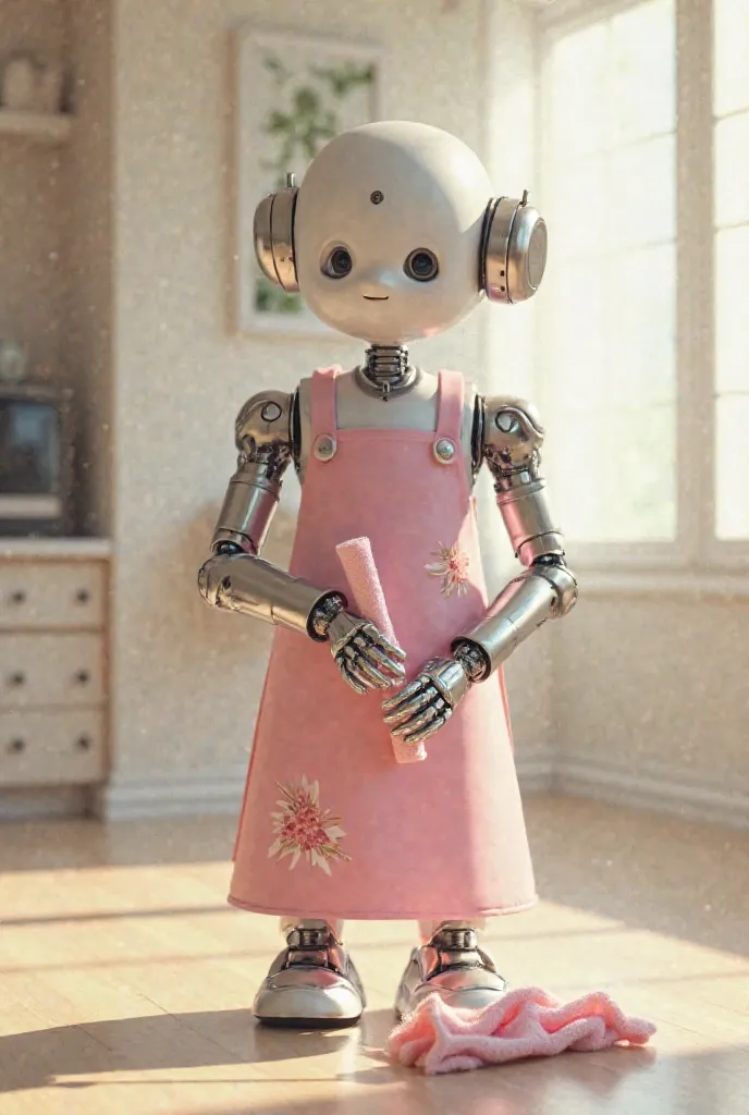 Create a robot doing the cleaning with a pink apron 