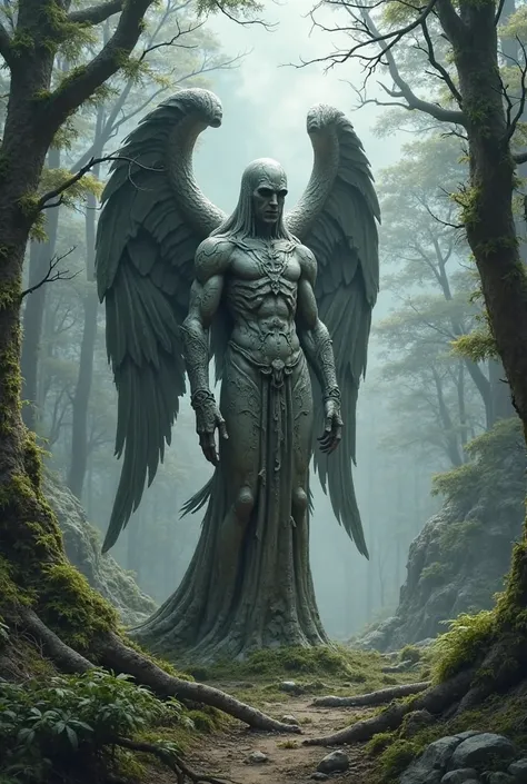 An image of a stone angel in dark fantasy style in a mountain forest.
