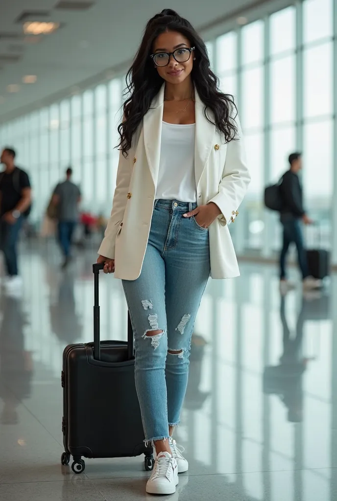  Dominican woman with Latin roots ,  bright, light green eyes, wavy and waist-length black hair, your hair tied up,  medium lips , waiting at the airport with a black suitcase,  jeans,  white blazers , White top, NIKE WHITE SNEAKERS , she stands with her e...