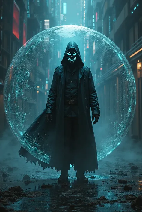 AN IMAGE, with a futuristic bubble banner,inside the bubble futuristic mask hacker, All macabre black, bubble with computers controlling the world with a background of hacker codes, everyone inside the