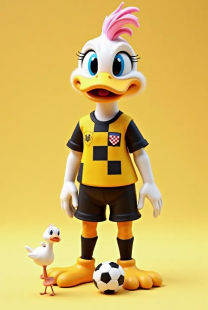 A mascot in 3d , From the character of the Daffy Duck from Looney Tunes, With uniform yellow and black jersey with squares style the CROATIA national team, black shorts black socks , Yellow boot with feet on top of a soccer ball on the foot make a female d...