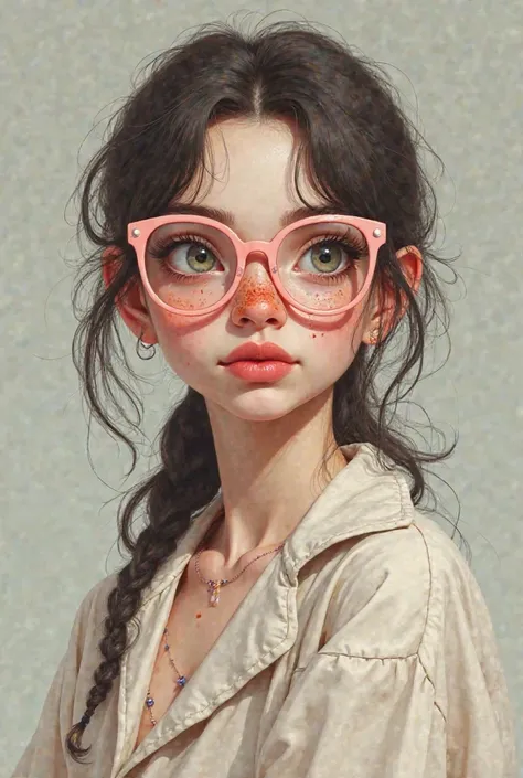 A half-warty girl with light pink glasses, loose hair, big eyes, thick lips and a wide blouse.