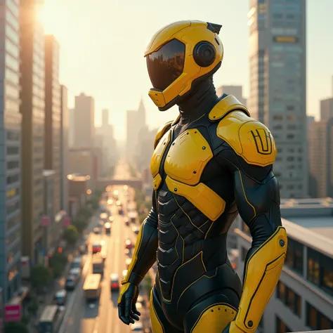 "Create a realistic photo of tactical superhero suit in yellow and black. The suit should be sleek, flexible, and form-fitting, made of advanced, reinforced fabric with subtle armored padding for protection. The material should appear durable yet lightweig...