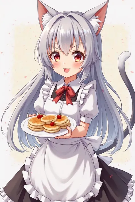 1girl, cat ears,  grey hair, long hair, red eyes,  tail, scrunches ,  apron, frilly dress holding a tray , pancakes, smile check_9, check_8_ upwards, check_7_ upwards, check_6_ upwards, check_5_ upwards, check_4_ upwards,  BREAK source _anime,  Masterpiece...