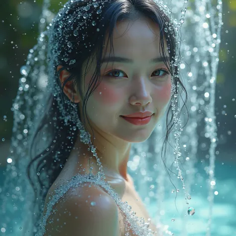 Drops of pure water falling from above、water that envelops a smiling woman like a veil、Not wet、