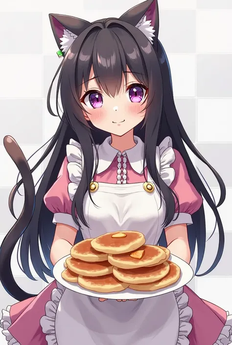 1girl, cat ears, black hair, long hair, purple eyes,  tail, scrunches ,  apron, frilly dress holding a tray , pancakes, smile check_9, check_8_ upwards, check_7_ upwards, check_6_ upwards, check_5_ upwards, check_4_ upwards,  BREAK source _anime,  Masterpi...