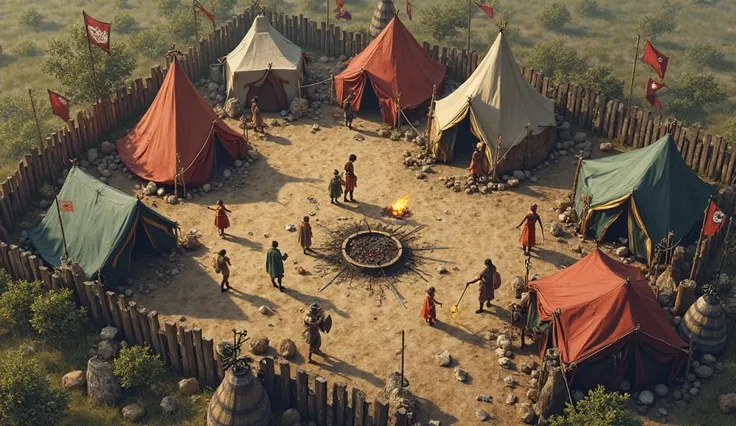 with people filling buckets (seen from above):
Tents and Tents:

with watchtowers at the corners, One stream or water well nearby ( red, blue, green), Several thick fabric tents.

Larger tents in the center, Balalists or small catapults in defense position...