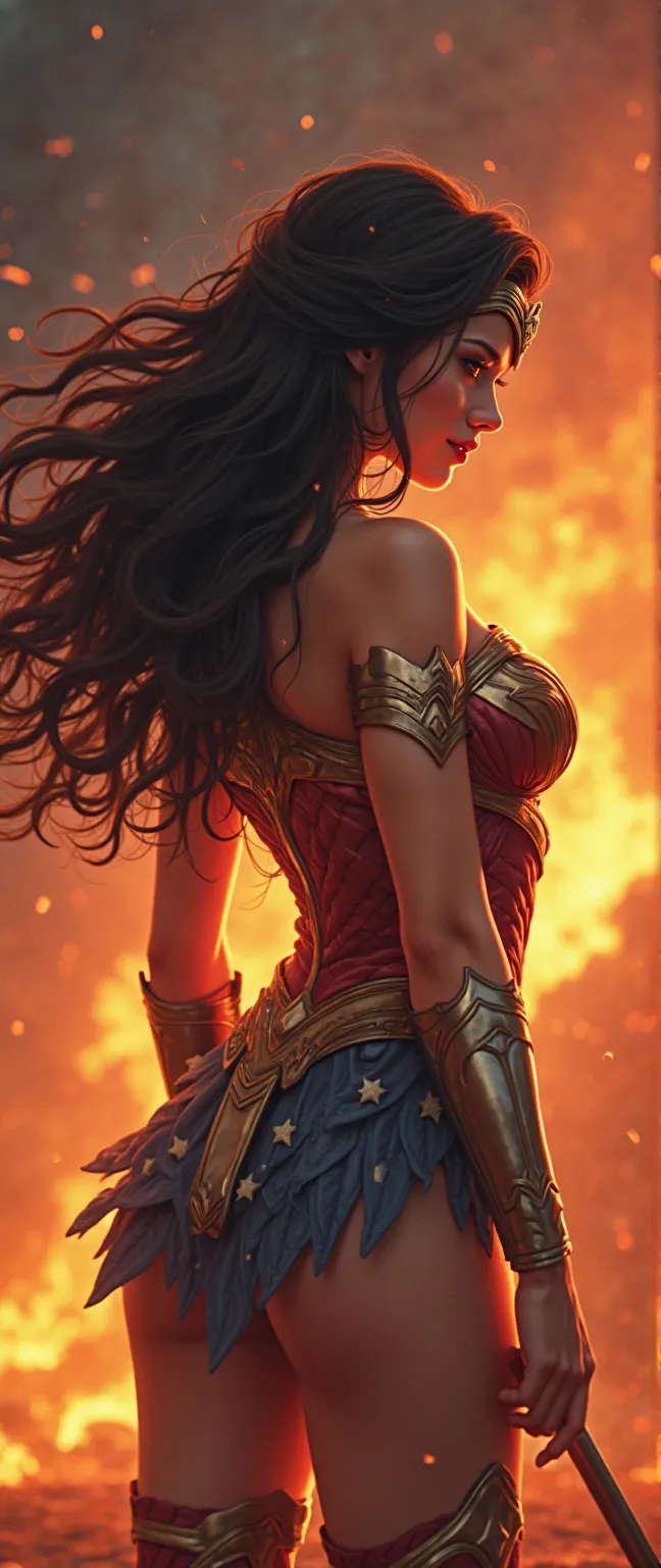 live-action、 Hair、Japanese Wonder Woman in her 20s stands on her knees、Well-balanced musculature、Show me your huge ass、I'm turning my back to the camera and turning my face、 Wonder Woman's Perfect Costume、Wonder Woman raises her arms to the point where she...