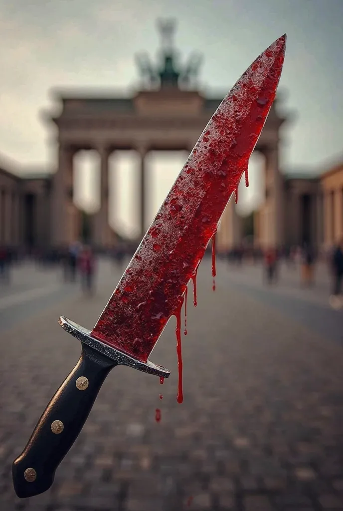 Create a picture with a knife with blood on the blade in the background the Brandenburg Gate the knife diagonally in the picture and cover the entire picture with a few drops of blood On the picture please the text: Your bond is blood red !