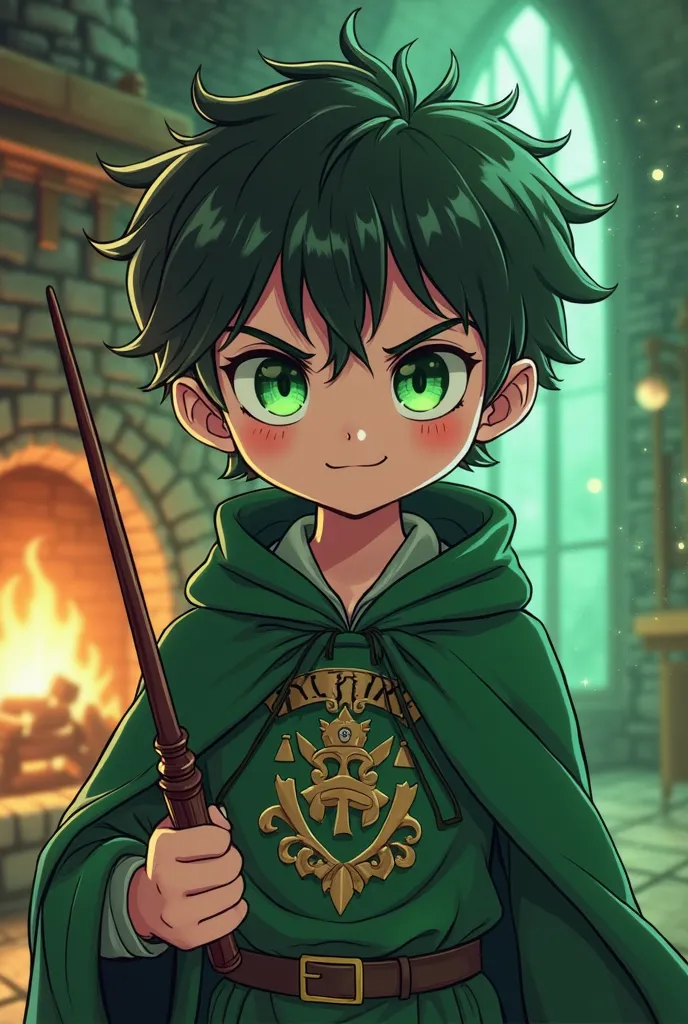 An alternative Harry Potter in the Slytherin house, in kawaii anime style. He wears a green cloak silver with the Slytherin coat of arms on the chest, holding a wand with elegant details. His emerald eyes shine with a mischievous air, and his messy hair ha...