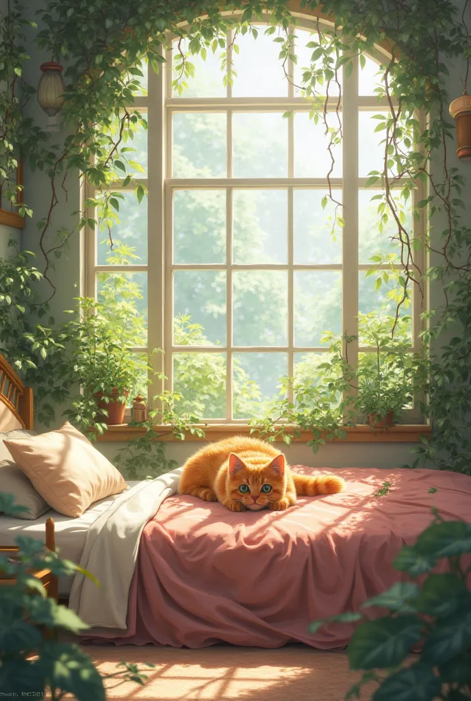 Nice bed with plants and window in the back with a cat