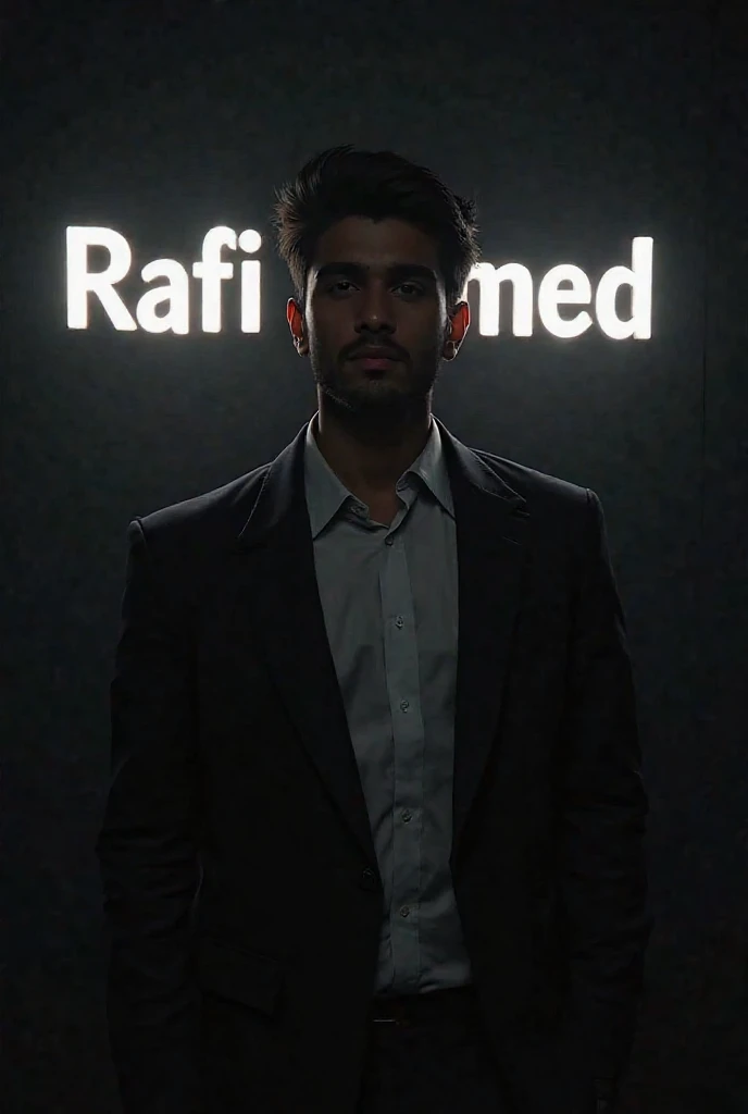 Create a highly realistic portrait of a 23-year-old Bangladeshi man named Rafi Ahmed , standing in a dark room. He is wearing a black blazer and a white shirt. The lighting should be dramatic, focusing on his handsome face with a light stubble, giving him ...