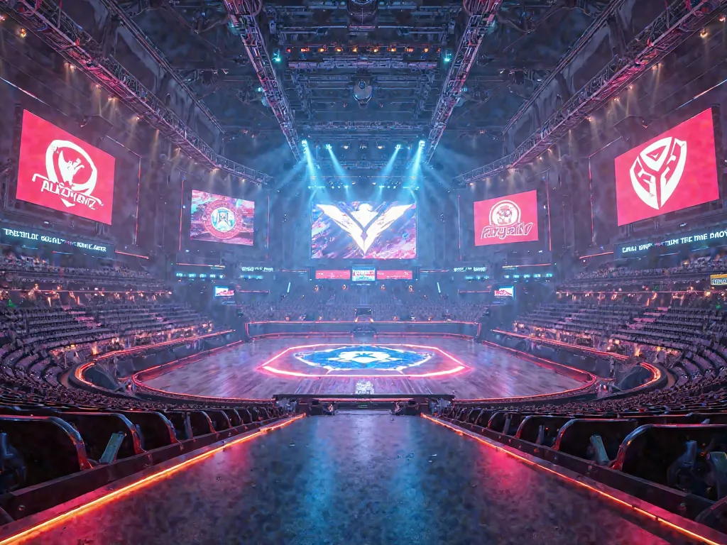 Give me an image with the background of an esports stadium and that has the logos of the Call of Duty games, valorant, COUNTER STRIKE 2, league of legends,  Fortnite