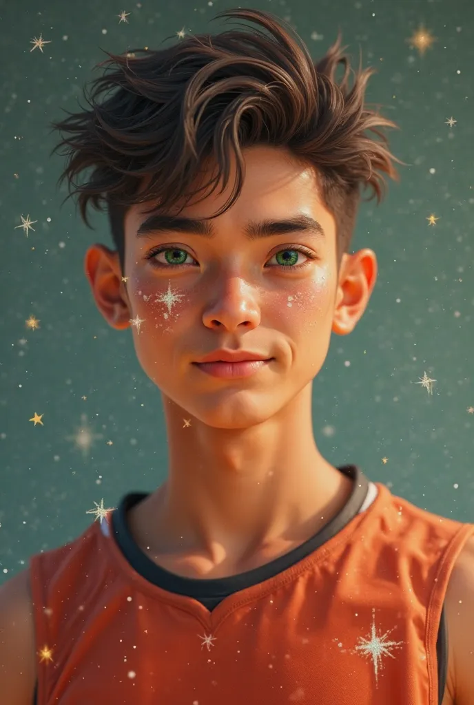 Realistic volleyball player with green eyes pointed nose defined jawbone young man with little stars on her face 