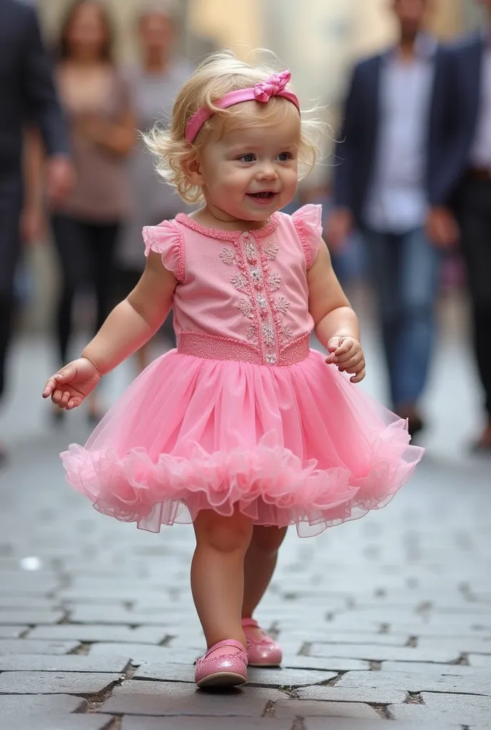 Create image 9: 16 cute baby on the street with two legs, imitating an elegant step by an adult  . The  is wearing a pink dress ,   with intricate details and bright colors  .  The background shows a street with people on a blurred background , attracting ...