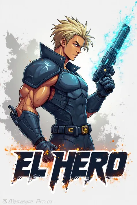 Create a profile logo with an armed anime character and him Moreno and the name written underneath El Hero