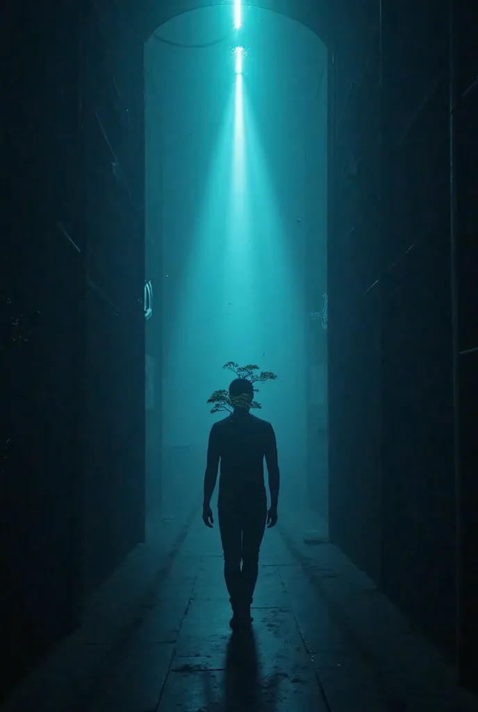 "Minimal techno style video:  
- ** Main Scene **: Human silhouette with some bonsai walking slowly in a dark corridor, illuminated from above by a narrow cyan beam of light that moves synchronized with electronic beats.  
- ** details**: Dim geometric lig...