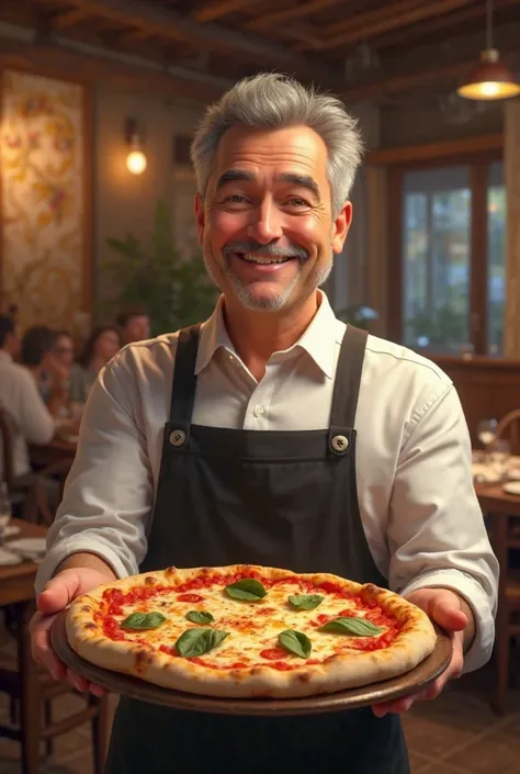 Create images of a waiter serving pizza with a smile on his face.