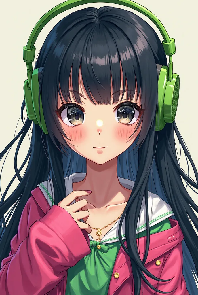 Anime age girl with black hair with a black fringe, long until the end of her back, she have  black and grey eyes, always wearing a green headphone on the head with pink and green geek clothes