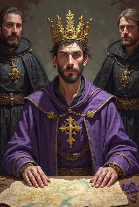 A man whos 6'1 with pale skin and green eyes, the whites of his eyes are red, his hair is messy and he has stubble on his face, he sits before a desk with a bunch of maps on it. Hes wearing purple robes with a golden-colored cross embroidered on the front,...