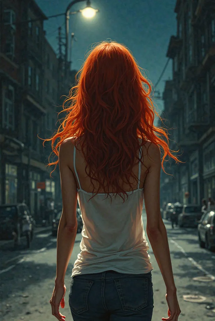 Create a realistic illustration of a red-haired woman with wavy hair and white tank top with her back walking on a deserted street at night