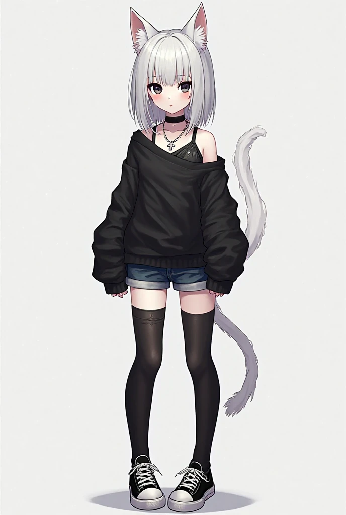 Create a girl with straight white hair, white cat ears, white cat tail, pale skin, pitch black irises, slim figure, wearing a black off shoulder sweater snatched at the waist, mini shorts, black tights, black thigh high socks layer over the tights, black w...