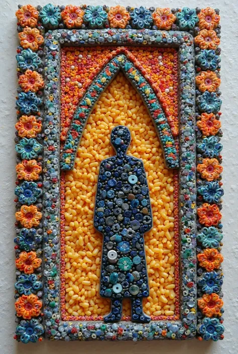 A square Moroccan mosaic for a  to make using various materials such as beads, PASTA, buttons.  Must be simple , male, more colorful