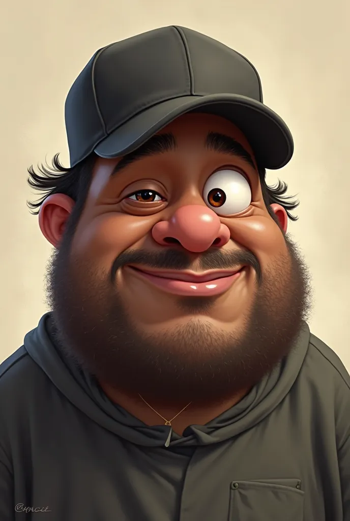 Create Zoi, a chubby black man with one eye half closed and the other normal., black cap for the back and a slightly large nose
