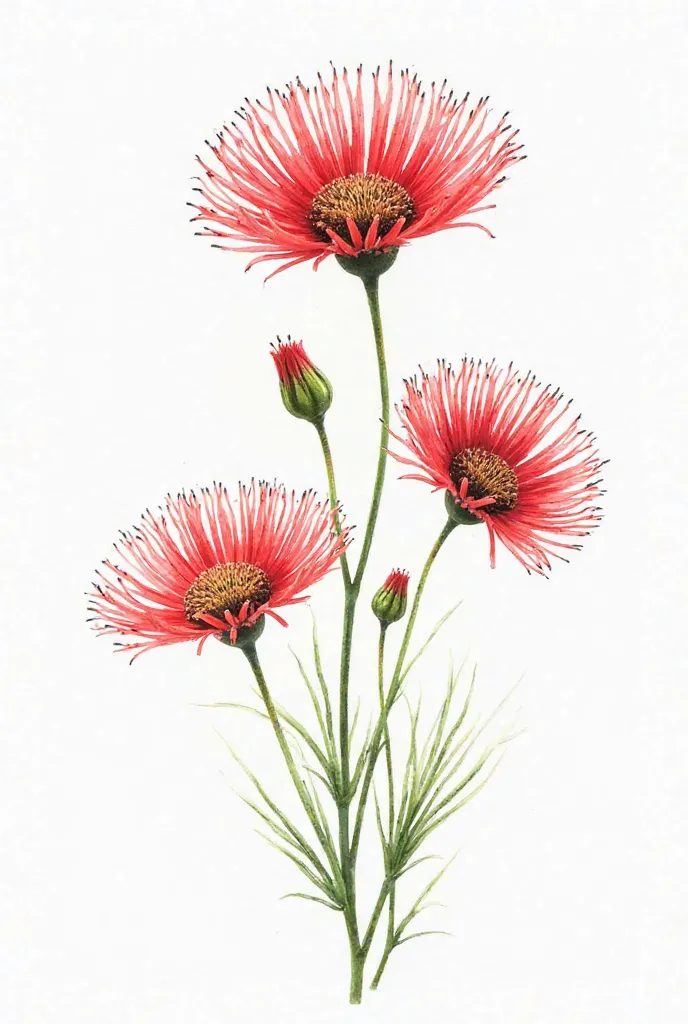 Realistic red needleflowers painted with watercolor on a white background, see the details of the flowers and arrange the needles in the center, not reaching the edges of the paper, increasing the number of needles.