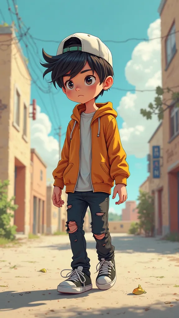 Create very high quality image in 8k, Cartoon style by GIBI, Of a boy with ripped black pants, skate shoes, BACKWARDS BADGE, the eyes,  walking, head down, THOUGHTFUL 