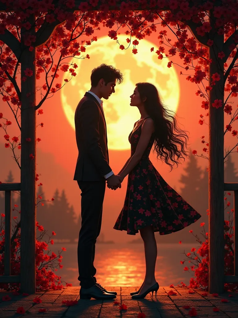 An art of a couple, Embraced by the moonlight, in a red-flowered gazebo, Just their silhouette, united faces forming a heart and hand in hand.Long hair, masterpiece, anatomically correct, better quality, Awarded multiple times, dancing,  Textured Skin , 