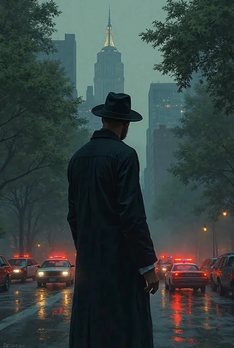 Create an illustrative image of a man in a black long-sleeved blouse and cap, his face covered in shadows and behind him the central park with several police cars. 