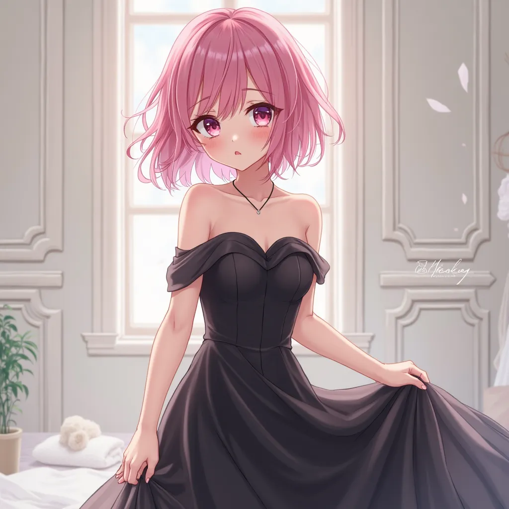 A picture of an anime girl wearing a black dress with bare shoulders at the top and having short hair in pink in the style of Maba Studio to produce the anime ! )