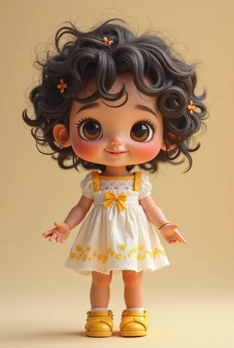 Create a little doll with short black curly hair, dark brown eyes fair skin, YELLOW SANDAL , white dress with yellow details smiling. 