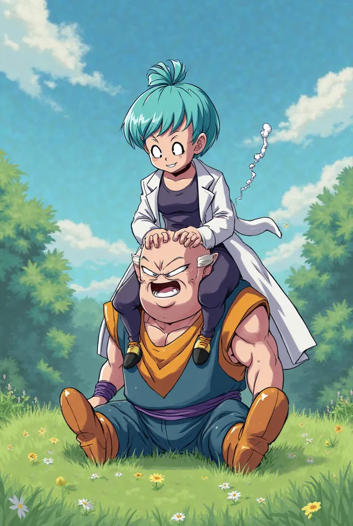 bulma from dragon ball sitting on krillins face and farting