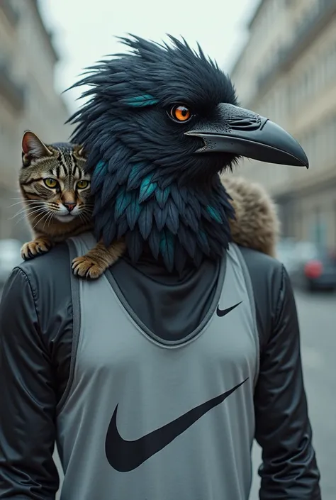 Humain avec un tête de corbeau habiller d’un gilet Nike gris , avec un chat sur son epaule