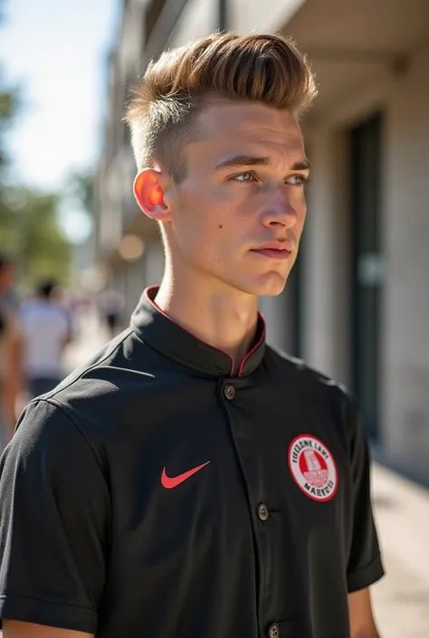 Cheveux trop court  les employés sont trop fatigués la chaleur de la buanderie l'uniforme du chef une chemise blanche et pantalon noir et basket nike et l'uniforme de l'équipe des maillots portant le nom de l'hôtel Mariotte sur le badge 