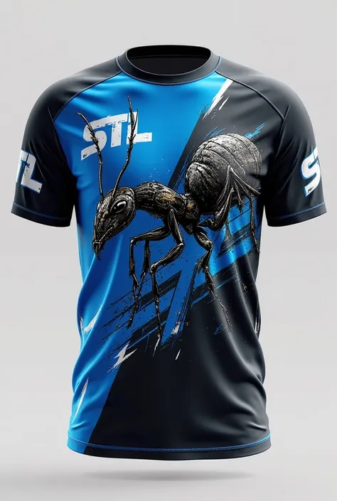 Create a personalized sports jersey in blue colors, Black and white and the letters STL gamer style and a study in the shape of a fire ant