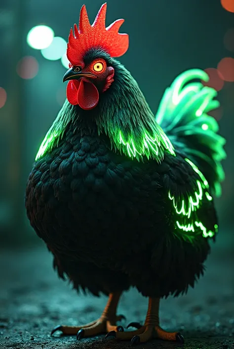 thick round black and green neon chicken with red eyes 