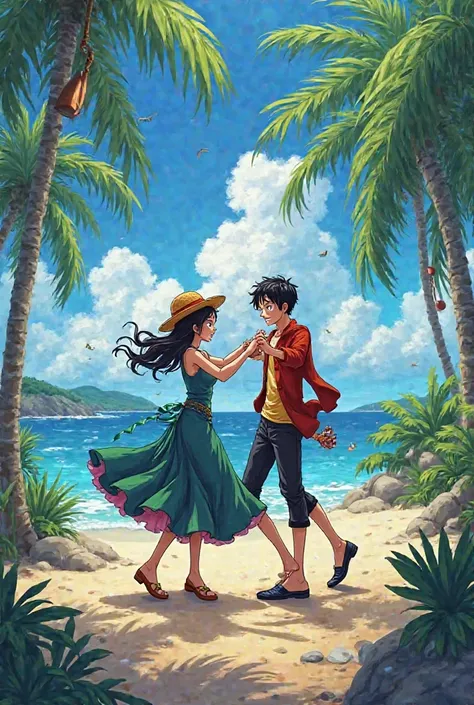 I want a picture of Nami and Robin in a dance. I want their style to be painted in the One Piece anime