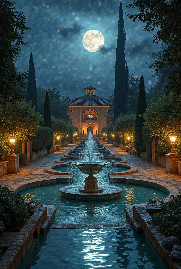 A charming picture of the gardens of the Alhambra under the moonlight, with water reflections in the fountains and dim lights.