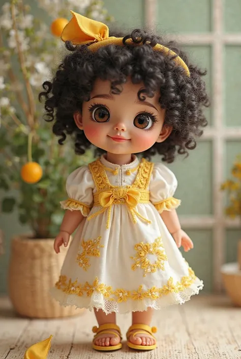 Create a little doll with curly black curly hair, dark brown eyes, Light skin yellow sandal, white dress with yellow details smiling. 