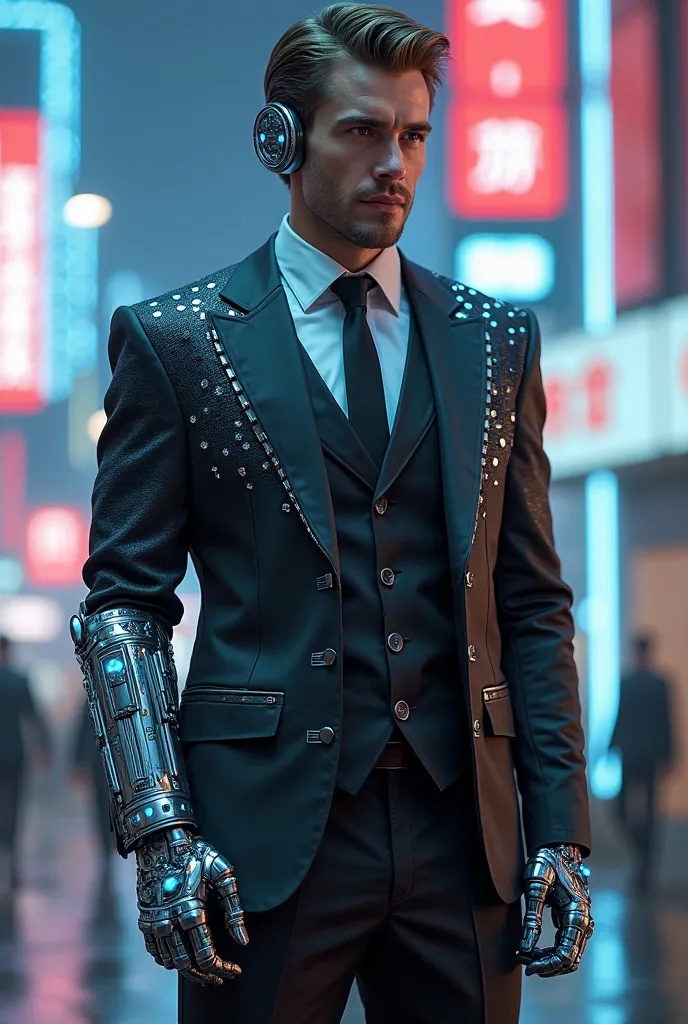 "A futuristic humanoid character wearing a sleek, high-tech cyberpunk suit with a black tie, blending advanced technology with formal attire. His left hand is fully robotic, featuring intricate metallic details, glowing blue lights, and cybernetic joints, ...